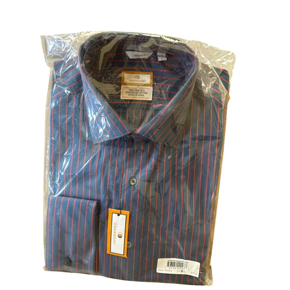 Orange247 Mens Pinstriped Blue & Red Button-Up Long Sleeve Shirt Modern Fit Size
